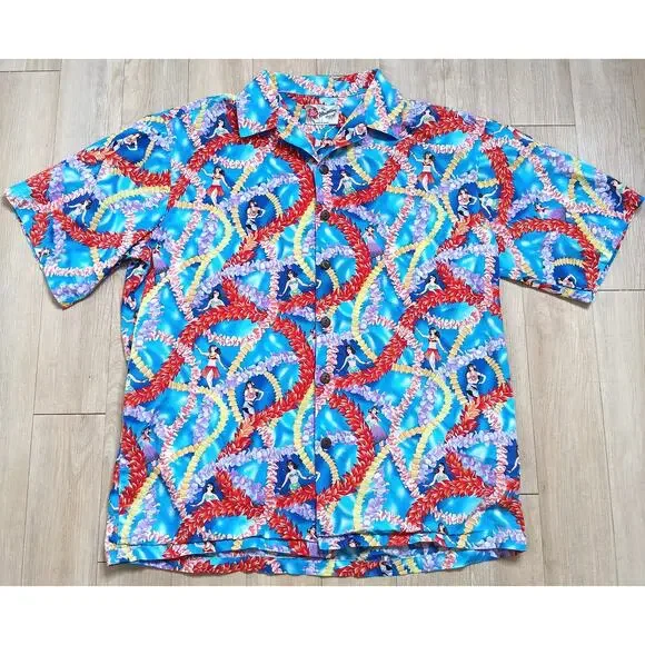 SOLD Hawaiian Lei Hula Dancer Button Down Shirt Sz L - Picture 1 of 6